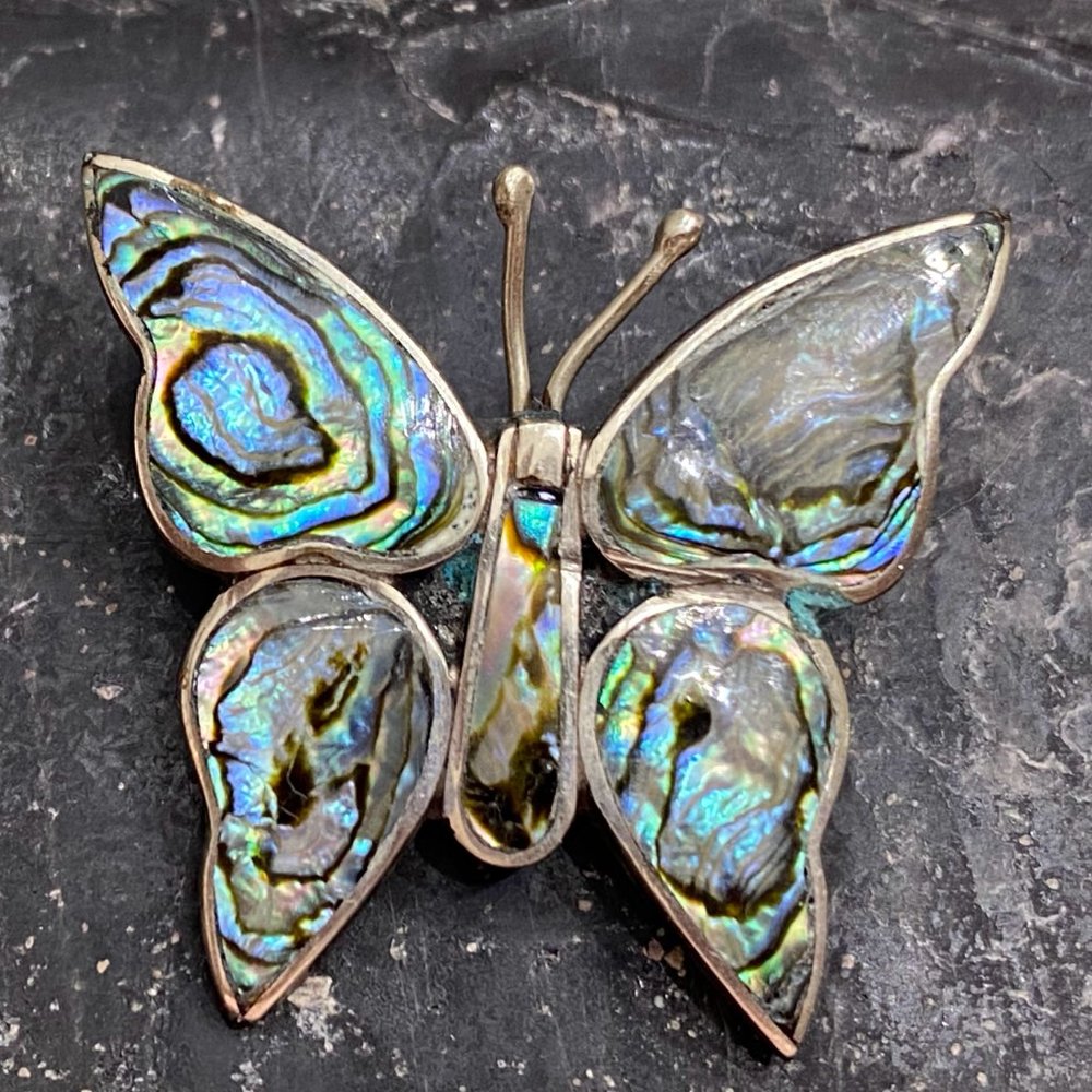 Butterfly Pin Brooch Abalone Shell Wings Made in Mexico,Vintage Alpaca Silver